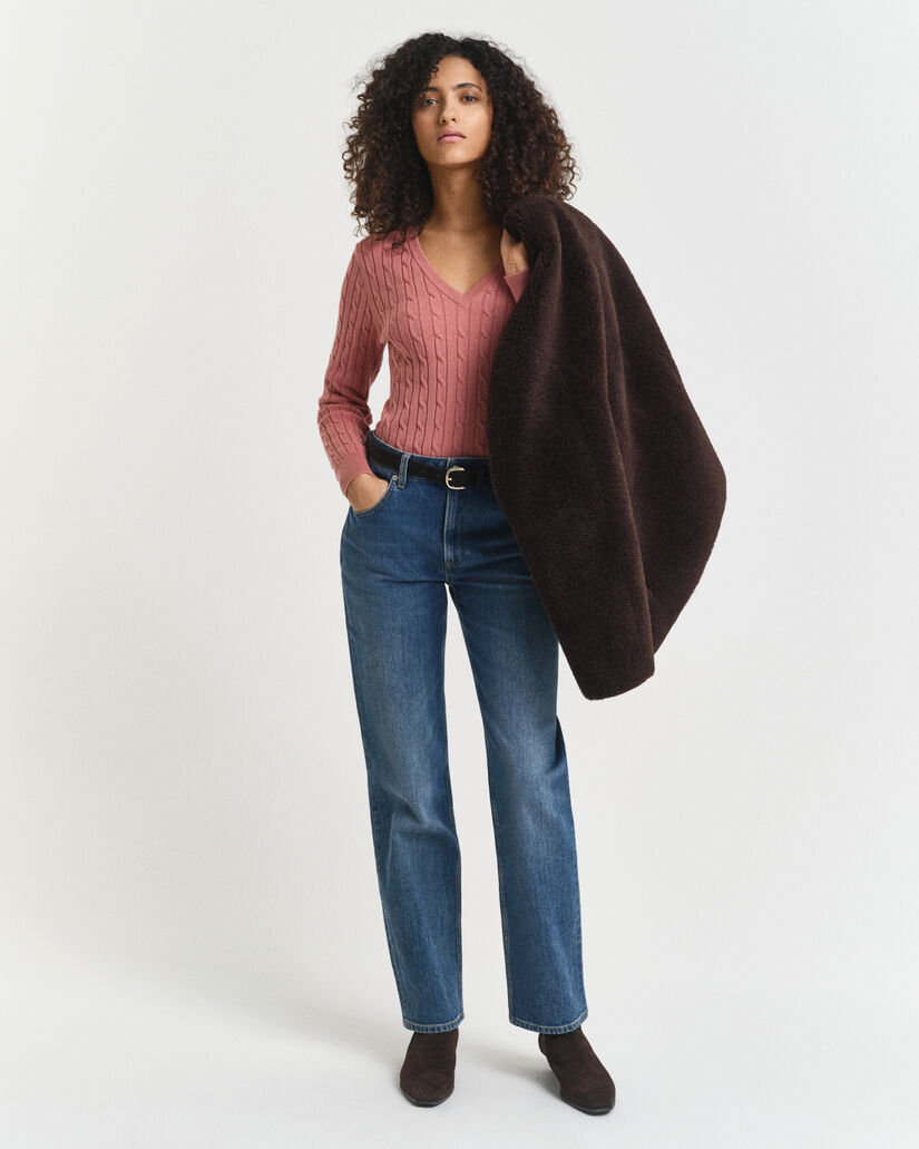 Zopfstrick V-Neck Pullover aus Stretch-Baumwolle