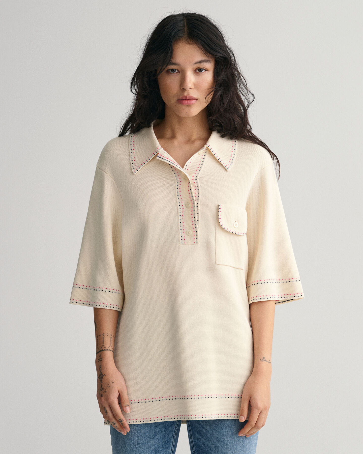 Gestrickter Kurzarm-Polopullover