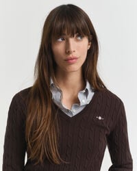 Zopfstrick V-Neck Pullover aus Stretch-Baumwolle