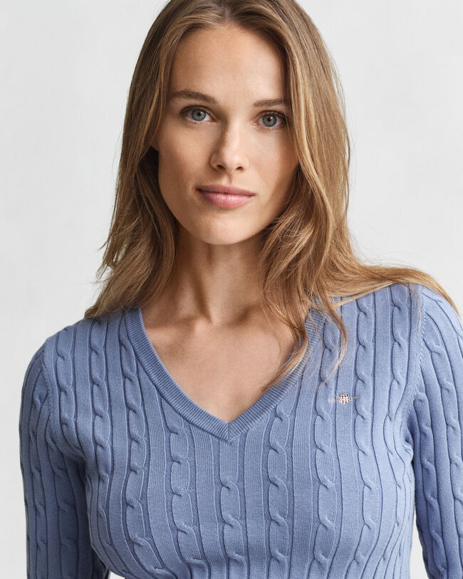 Zopfstrick V-Neck Pullover aus Stretch-Baumwolle