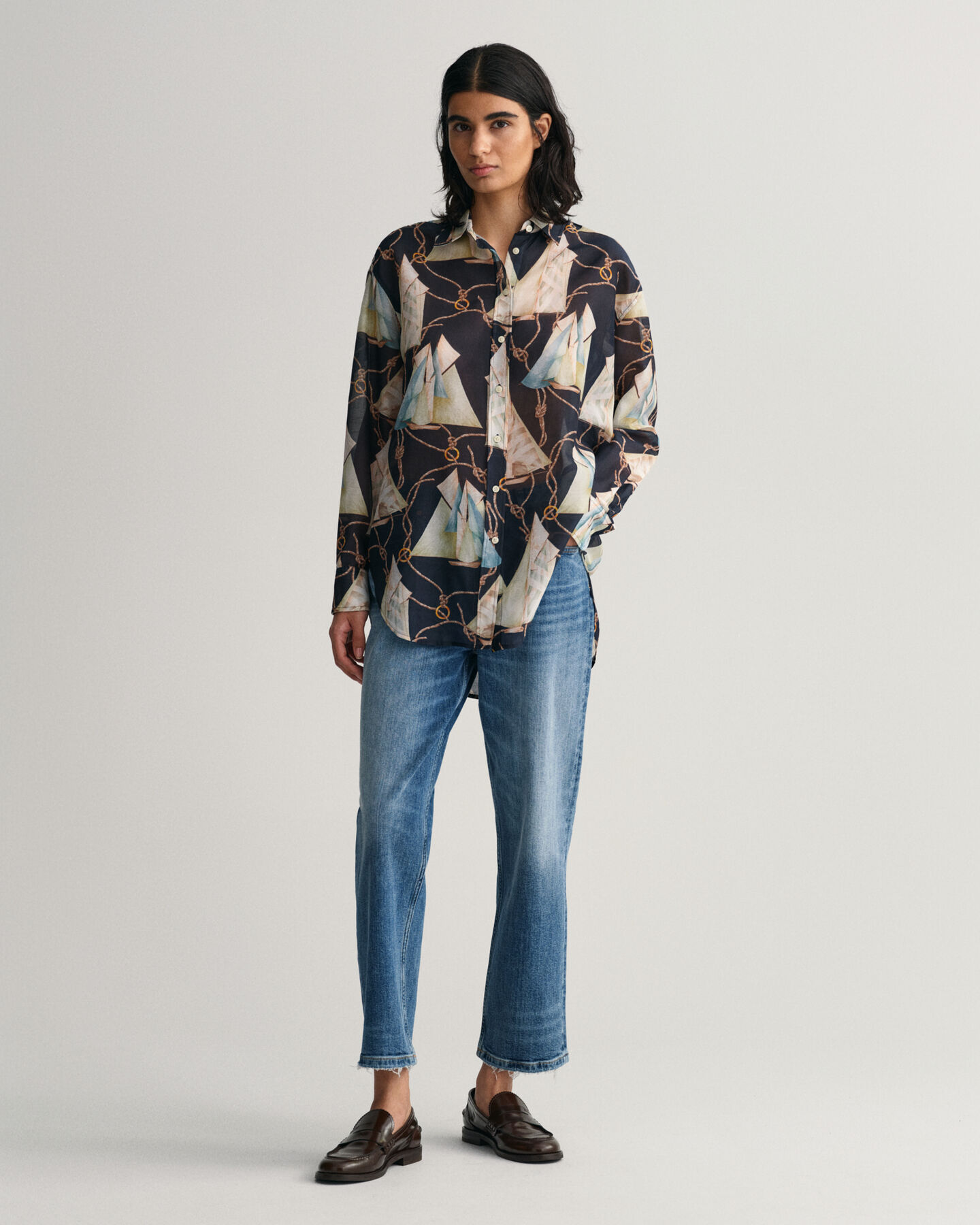 Relaxed Fit Sailing Print Baumwoll Seiden Bluse