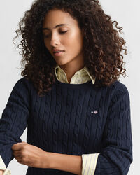 Zopfstrick Rundhalspullover aus Stretch-Baumwolle