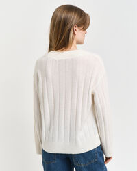 Breit gerippter V-Neck Wollpullover