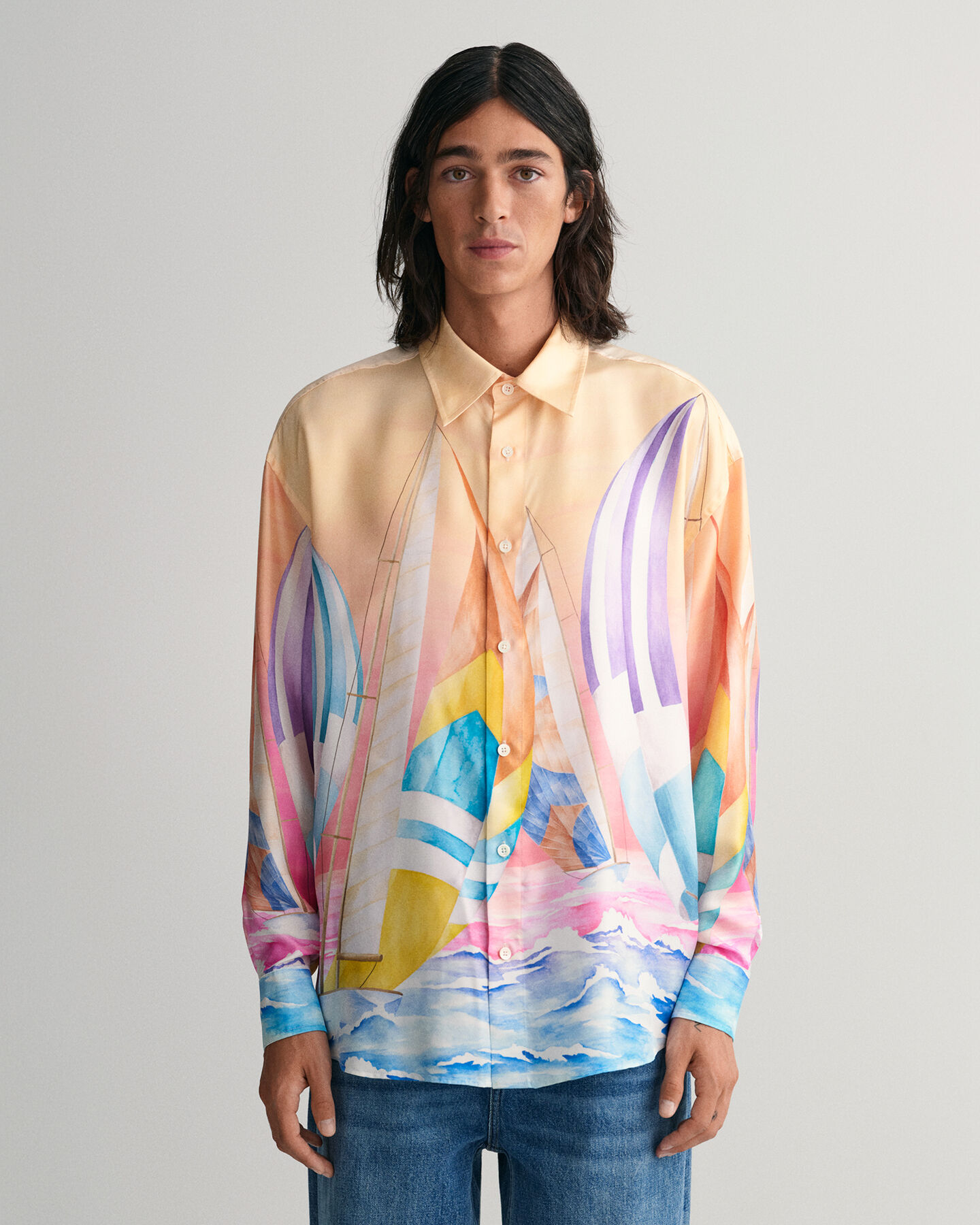 Sailing Print Oversized Seidenhemd