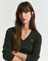 Zopfstrick V-Neck Pullover aus Stretch-Baumwolle