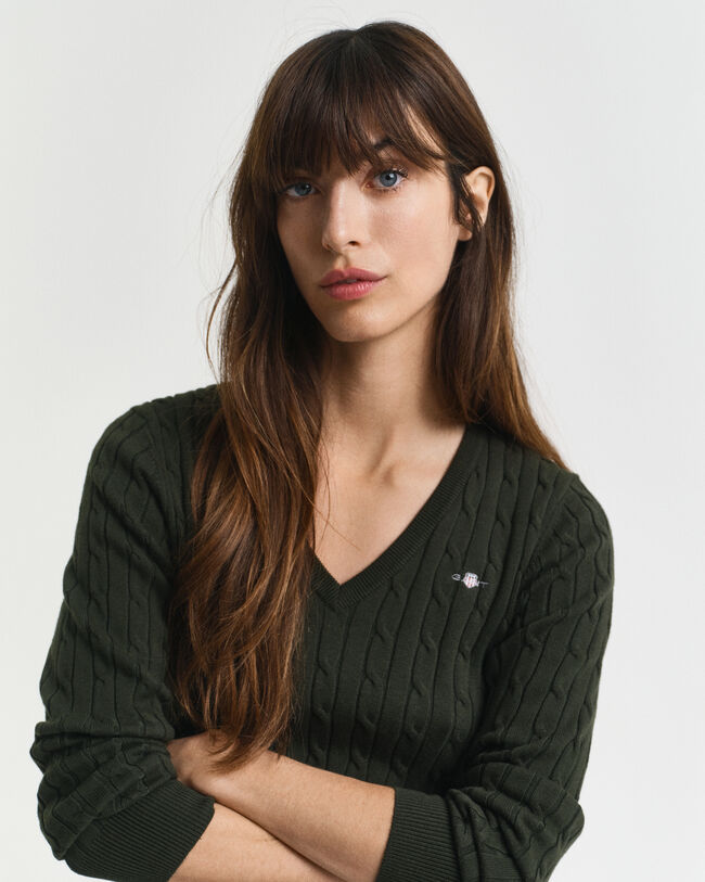 Zopfstrick V-Neck Pullover aus Stretch-Baumwolle