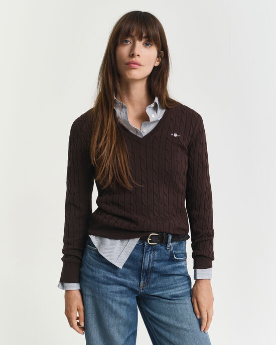 Zopfstrick V-Neck Pullover aus Stretch-Baumwolle