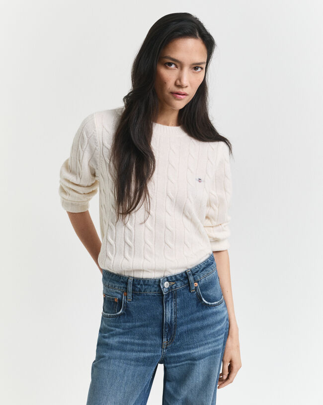 Lambswool Zopfstrick Rundhalspullover