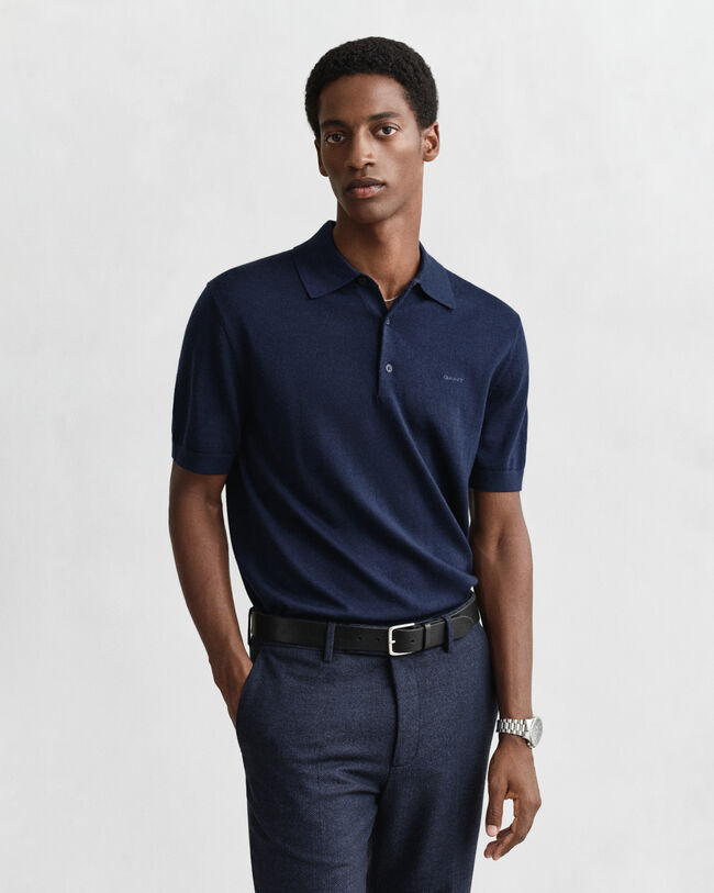 Kurz&auml;rmeliger Polopullover aus extrafeiner Merinowolle