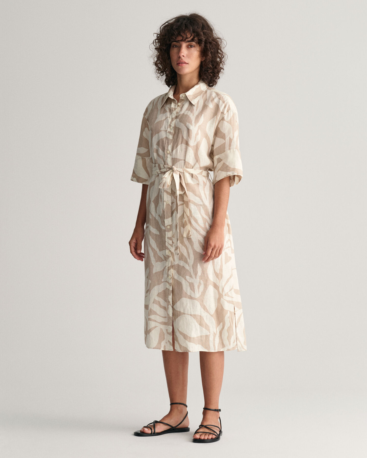 Palm Print Leinen Hemdblusenkleid