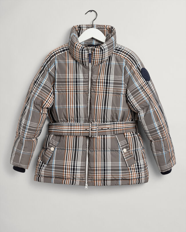 Karierte Daunenjacke mit G&uuml;rtel