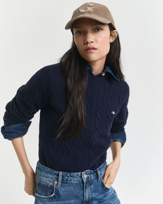 Lambswool Zopfstrick Rundhalspullover