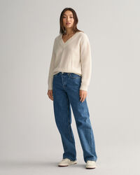 Gerippter V-Neck Pullover aus Wolle