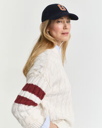 Zopfstrick Rundhalspullover mit Kontraststreifen