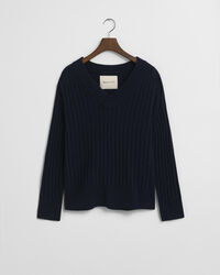 Gerippter V-Neck Wollpullover