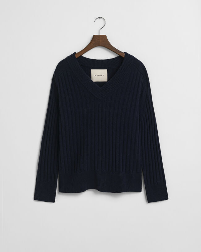 Gerippter V-Neck Wollpullover