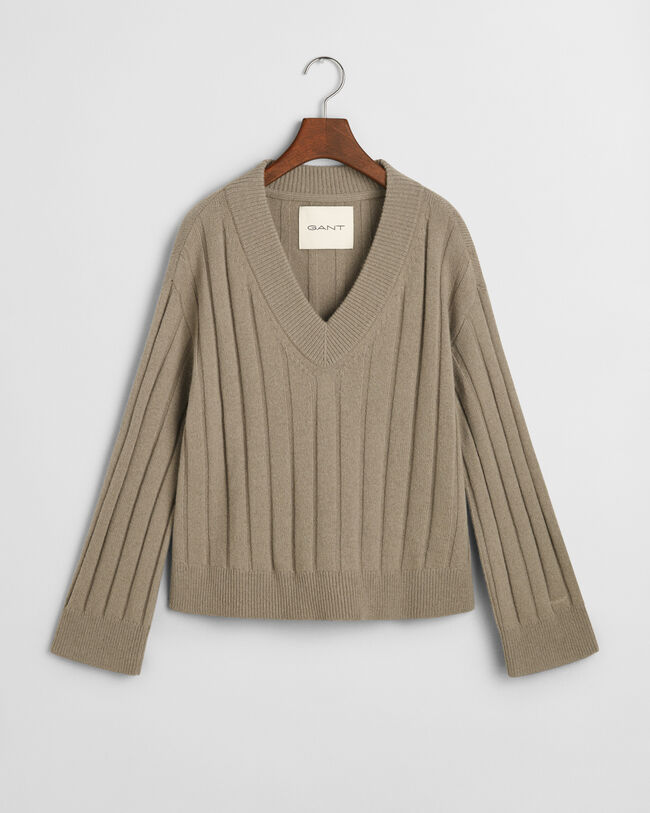 Breit gerippter V-Neck Wollpullover