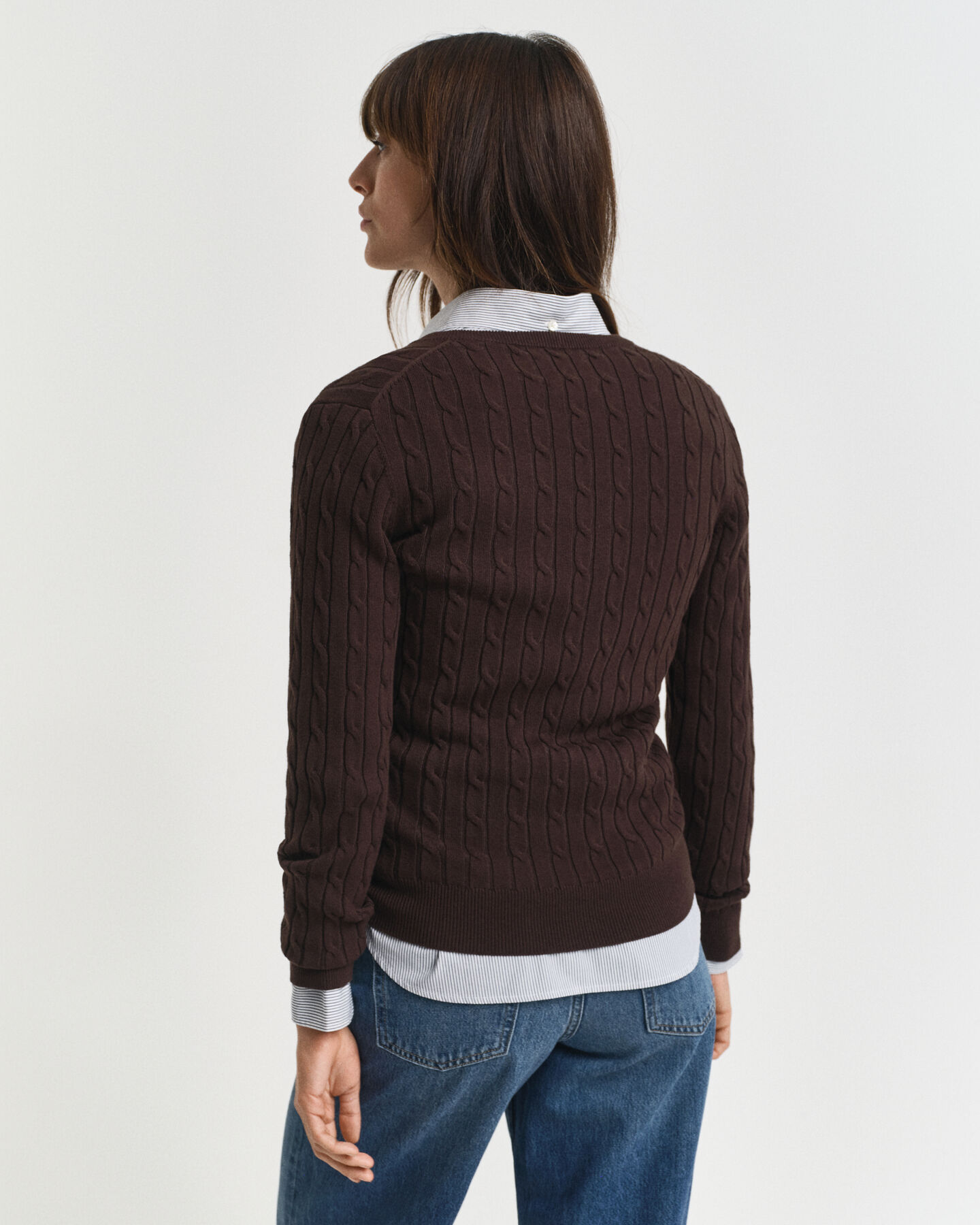 Zopfstrick V-Neck Pullover aus Stretch-Baumwolle