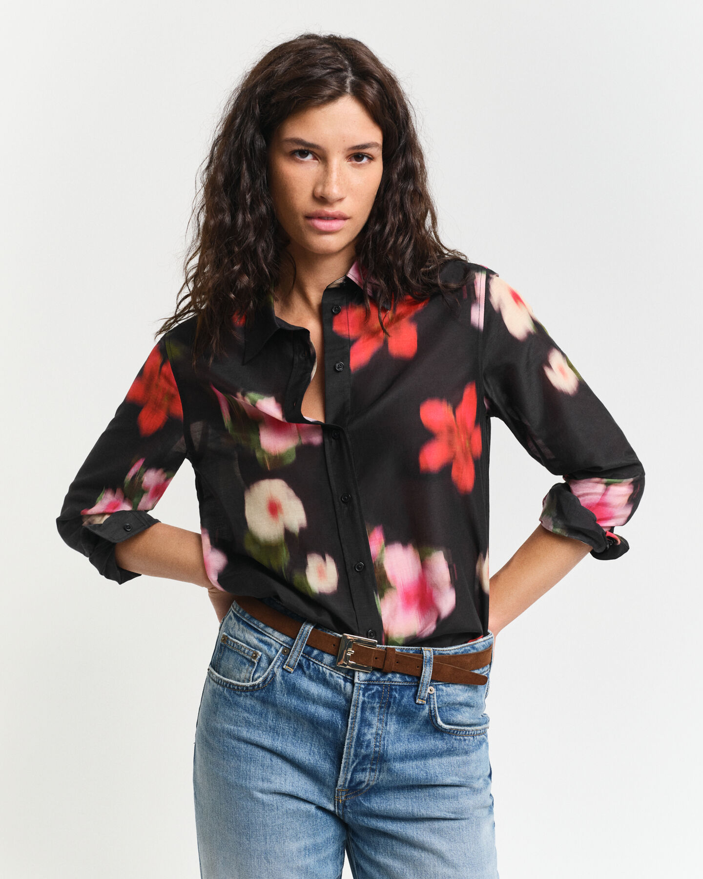 Regular Fit Baumwoll Seiden Bluse mit Blumen-Print