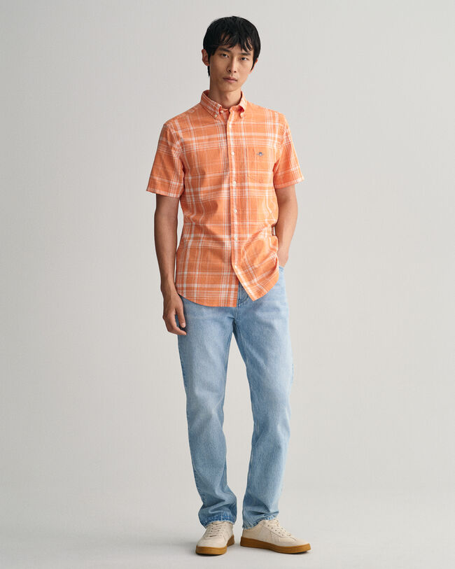 Regular Fit Baumwoll Leinen Kurzarmhemd mit Karomuster