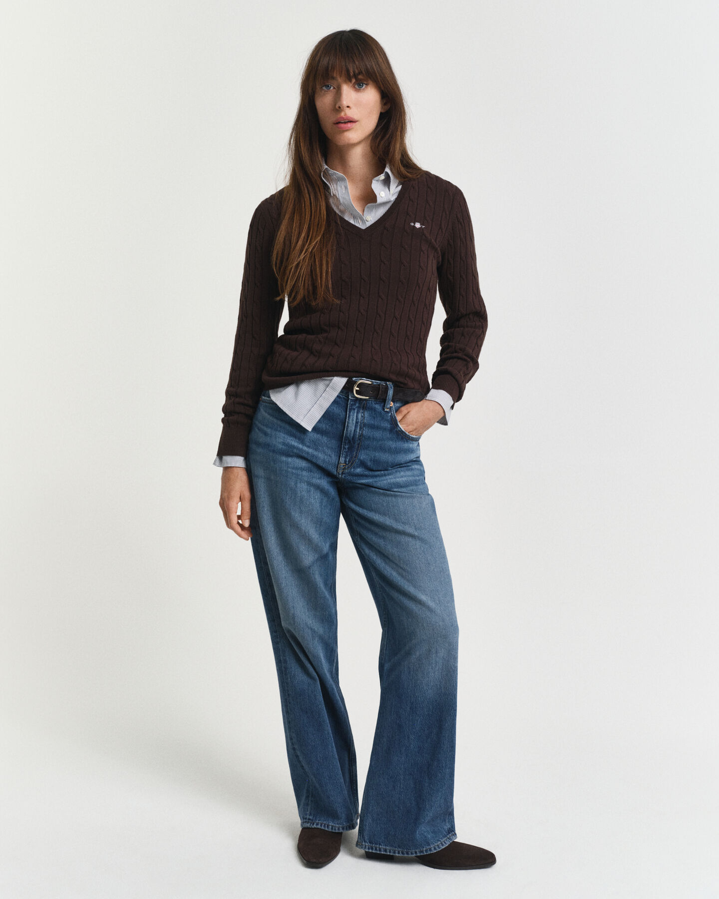 Zopfstrick V-Neck Pullover aus Stretch-Baumwolle