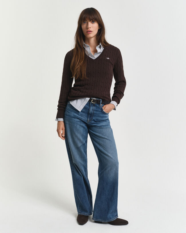 Zopfstrick V-Neck Pullover aus Stretch-Baumwolle